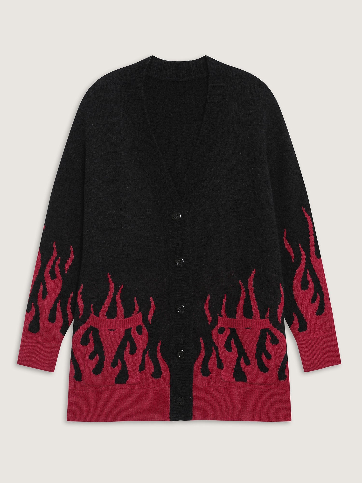 Flame Pattern Ribbed Hem Pockets Knit Cardigan