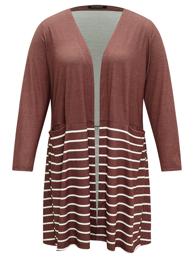 Striped Contrast Pocket Open Front Kimono