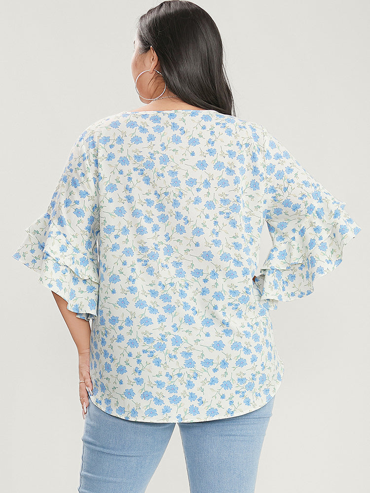 Floral Printed Knotted Front V Neck Ruffle Sleeve Blouse