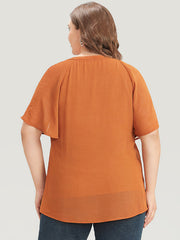 Solid Notched Pleated Mesh Raglan Sleeve Blouse