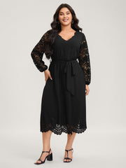 Sheer Floral Embroidered Scalloped Neck Midi Dress