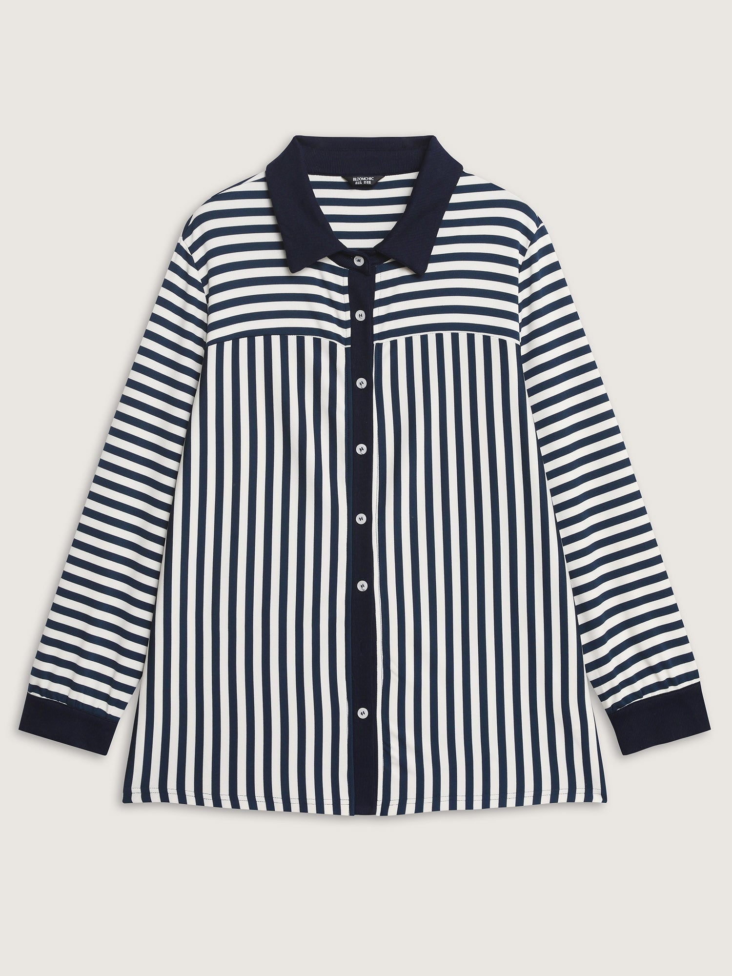 Striped Stretchy Color Contrast Button-Down Top