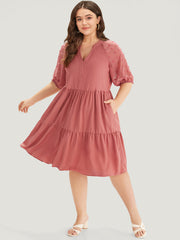 Solid Notched Lantern Sleeve Ruffle Layered Hem Dress