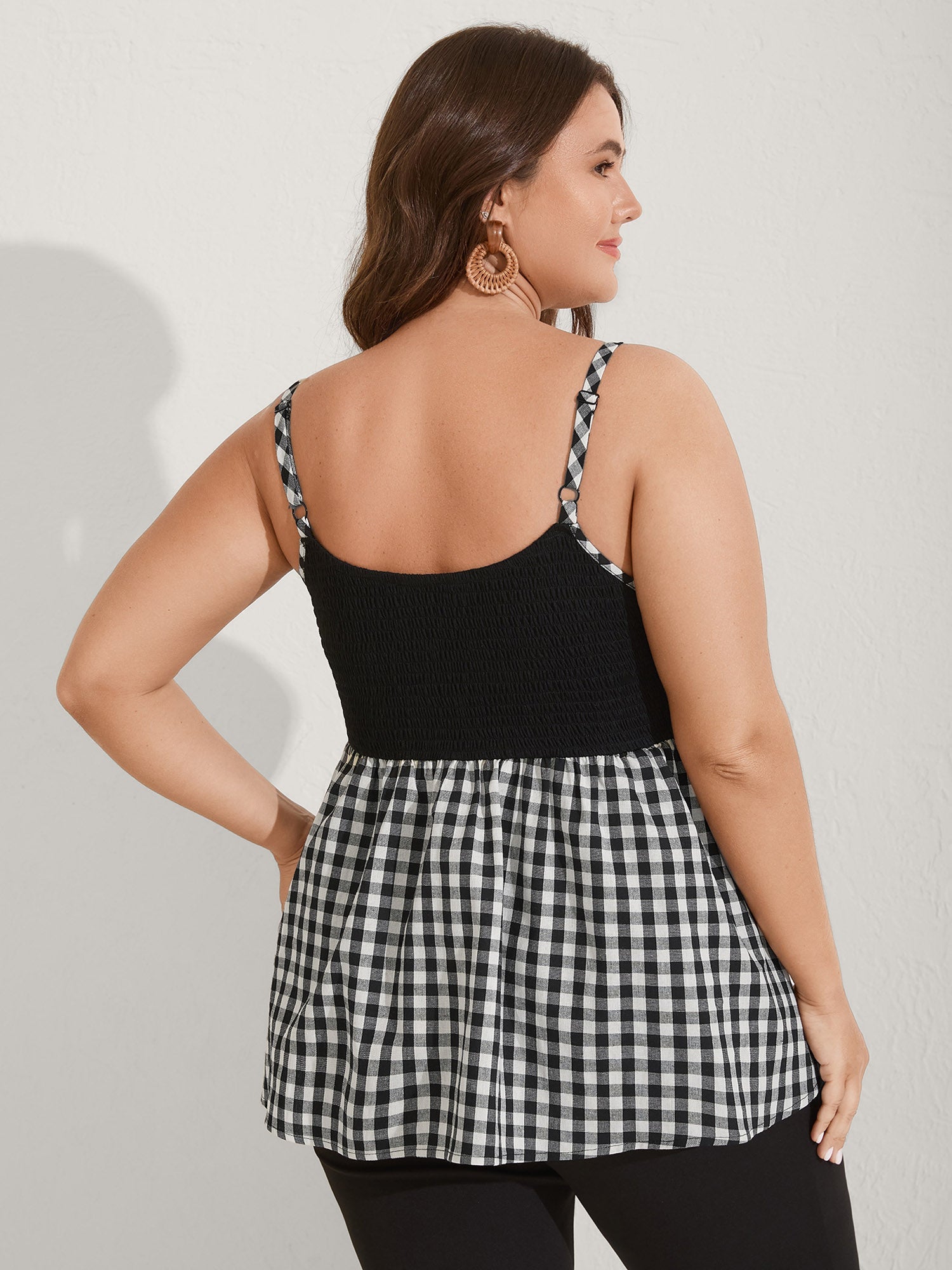 Floral Embroidered Plaid Shirred Tank Top