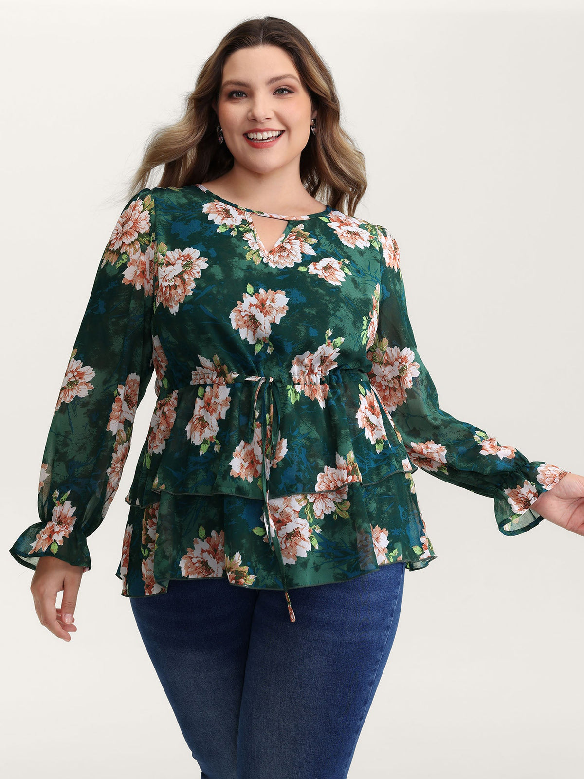 Sheer Floral Print Tie Flared Blouse