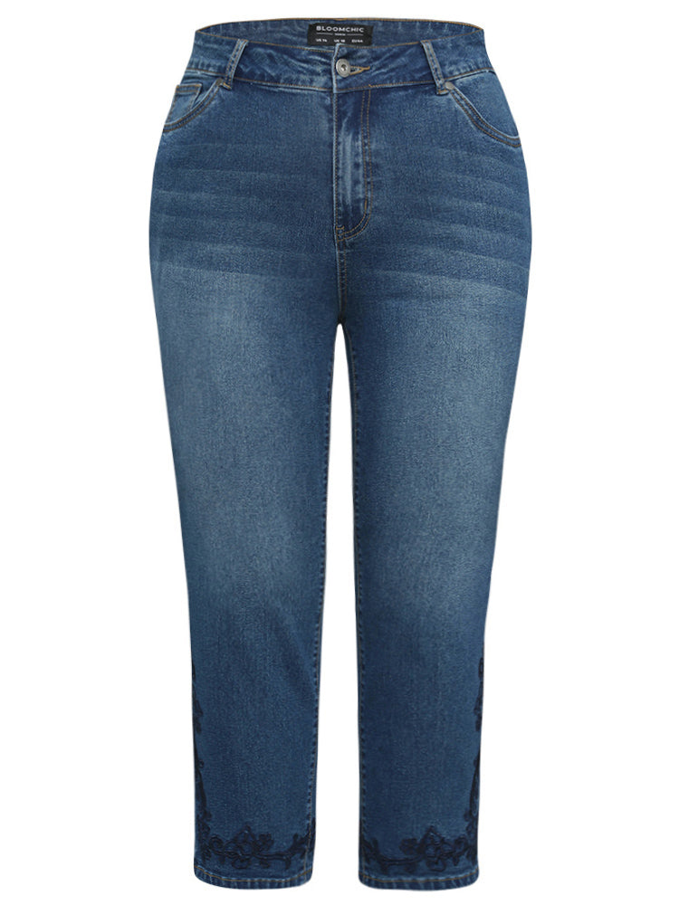 Floral Embroidered High Rise Dark Wash Jeans