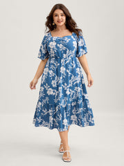 Silhouette Flower Stretchy Waist Pleated Midi Dress