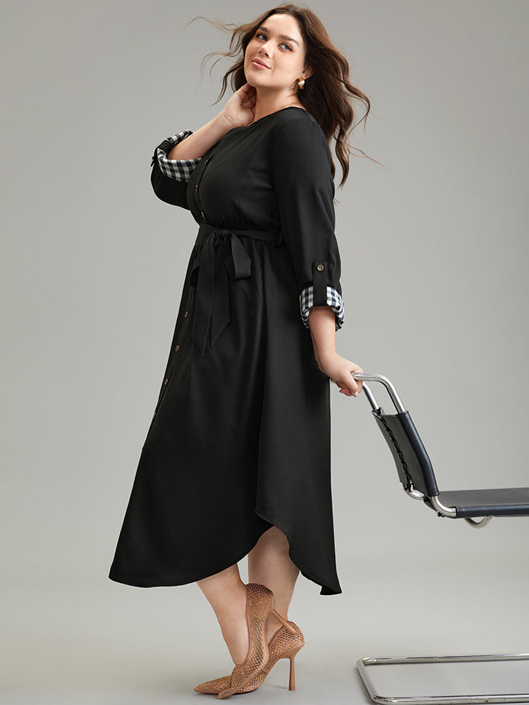 Gingham Notched Belted Curved Hem Tab Sleeve Dress