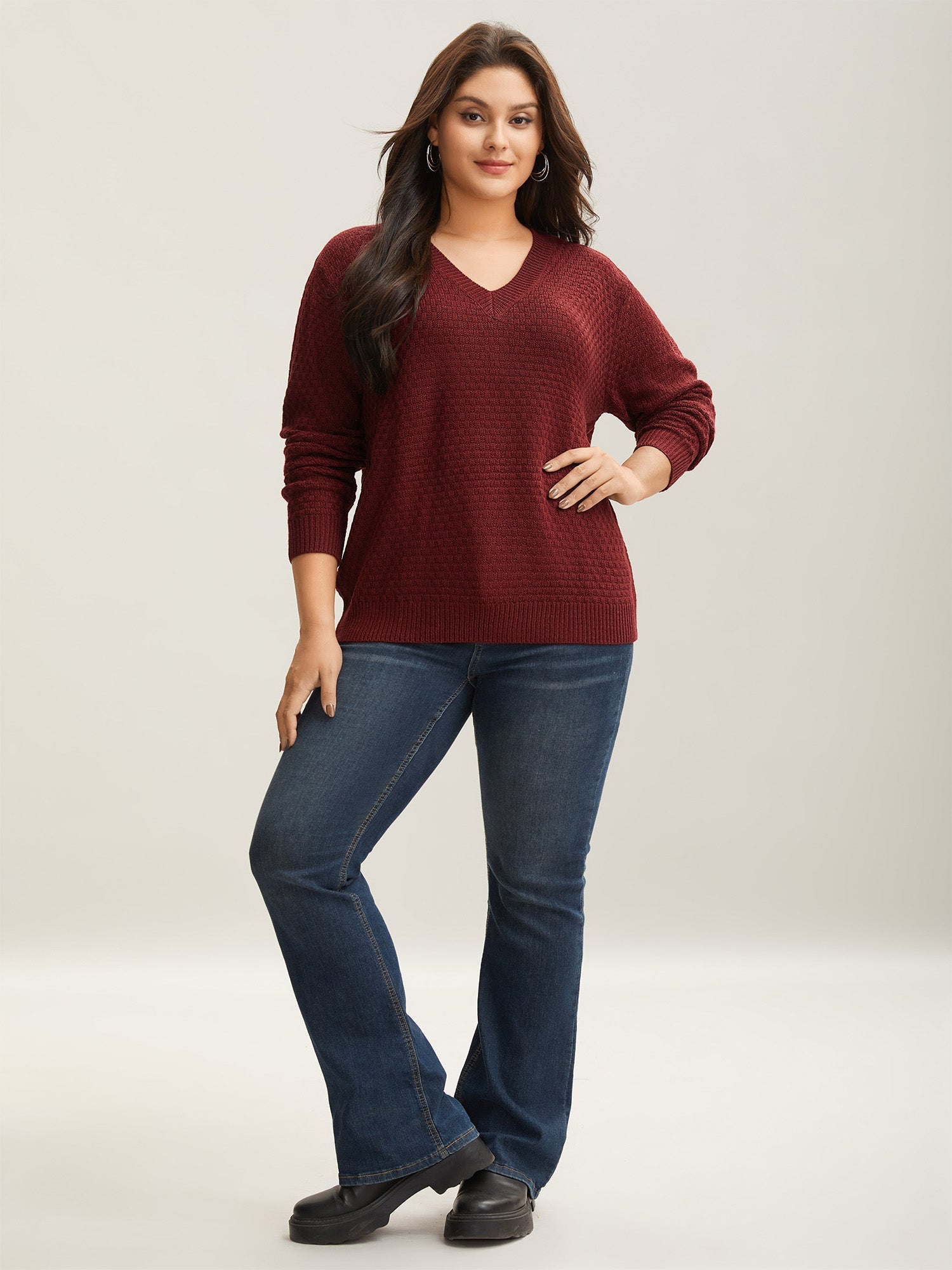 Solid Pointelle Knit V Neck Loose Knit Top