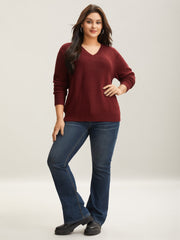 Solid Pointelle Knit V Neck Loose Knit Top