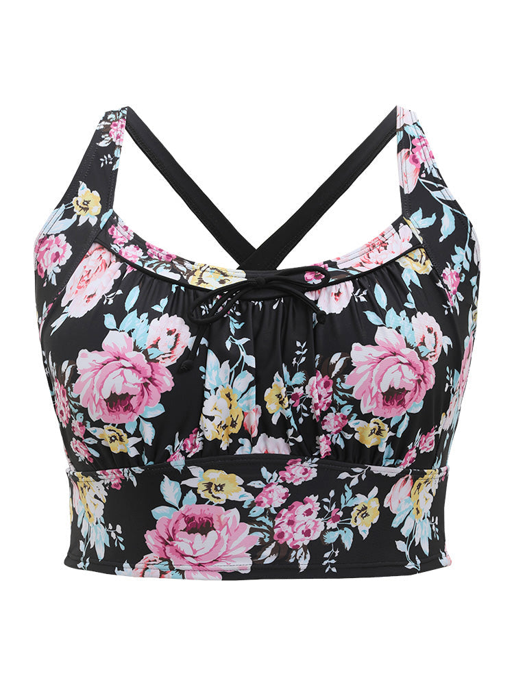 Floral Ruched Knotted Crossover Back Tankini Top