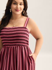 Shirred Stripes Adjustable Pockets Jumpsuit