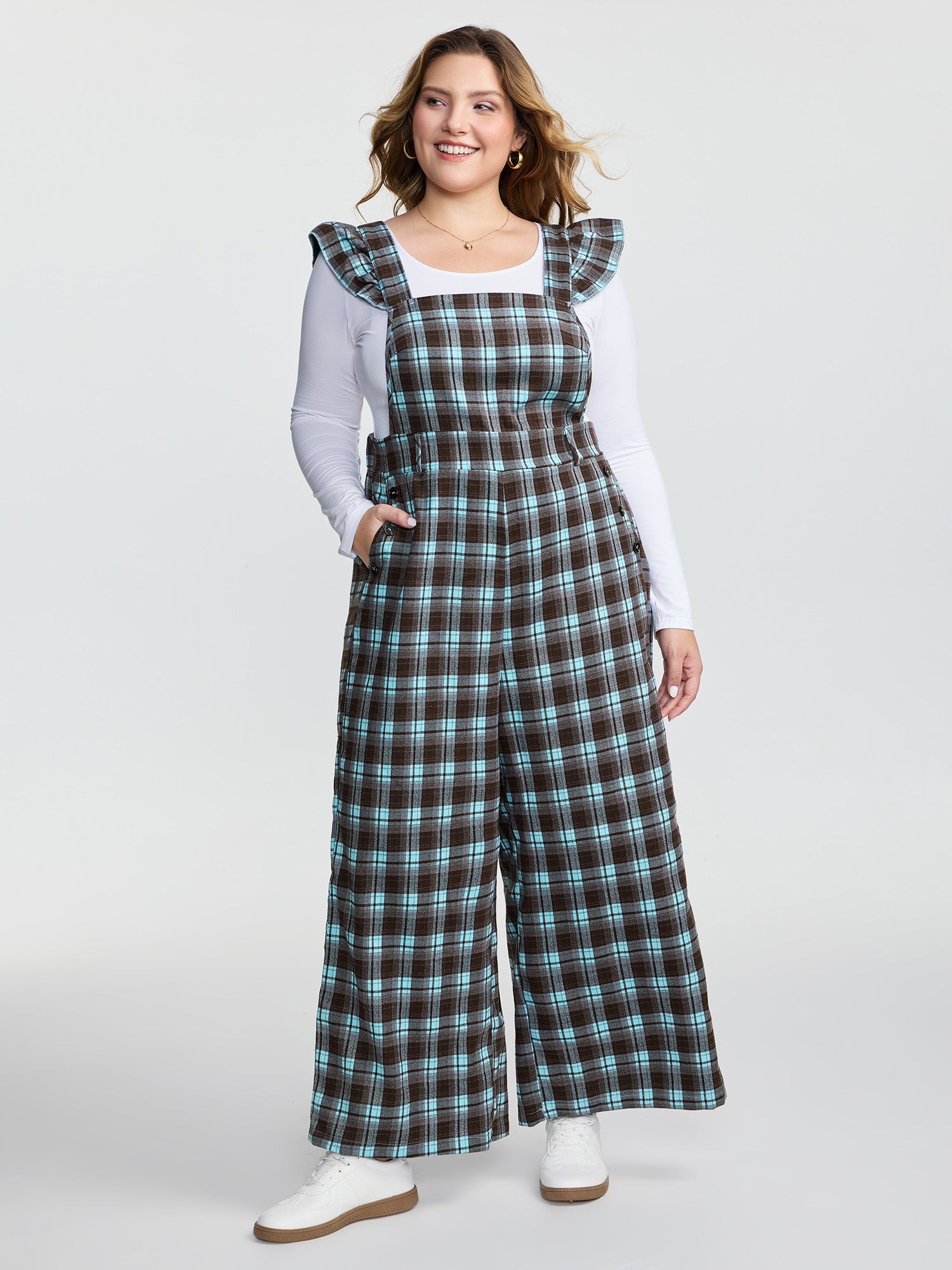 Plaid Ruffled Sleeve Backless Tie Jumpsuit