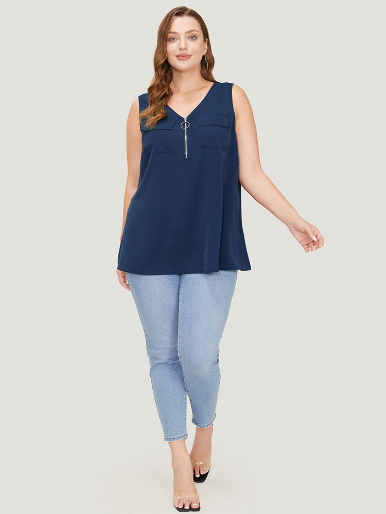 Solid Half Zipper Flap Detail Tank Top