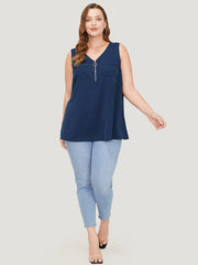 Solid Half Zipper Flap Detail Tank Top