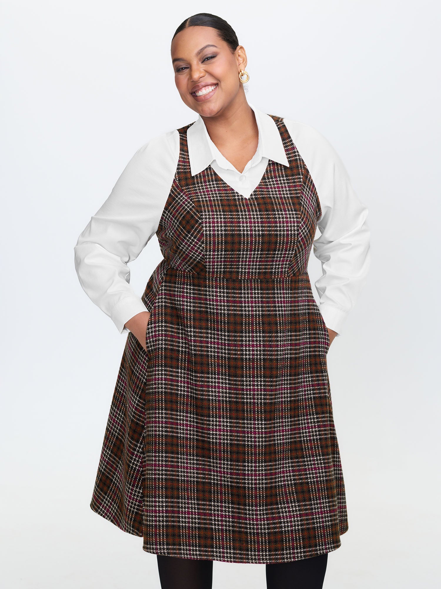 2 In 1 Plaid Pockets Midi Dress