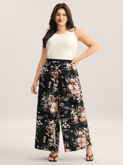 Floral Print Pockets Wide-Leg Pants