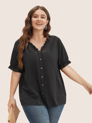 Solid Lace Trim Button Up Laser Cut Puff Sleeve Blouse