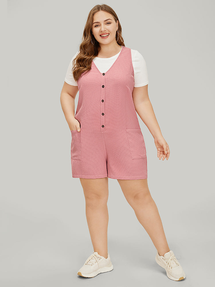 Solid Pocket Waffle Knit Button Detail Tank Romper