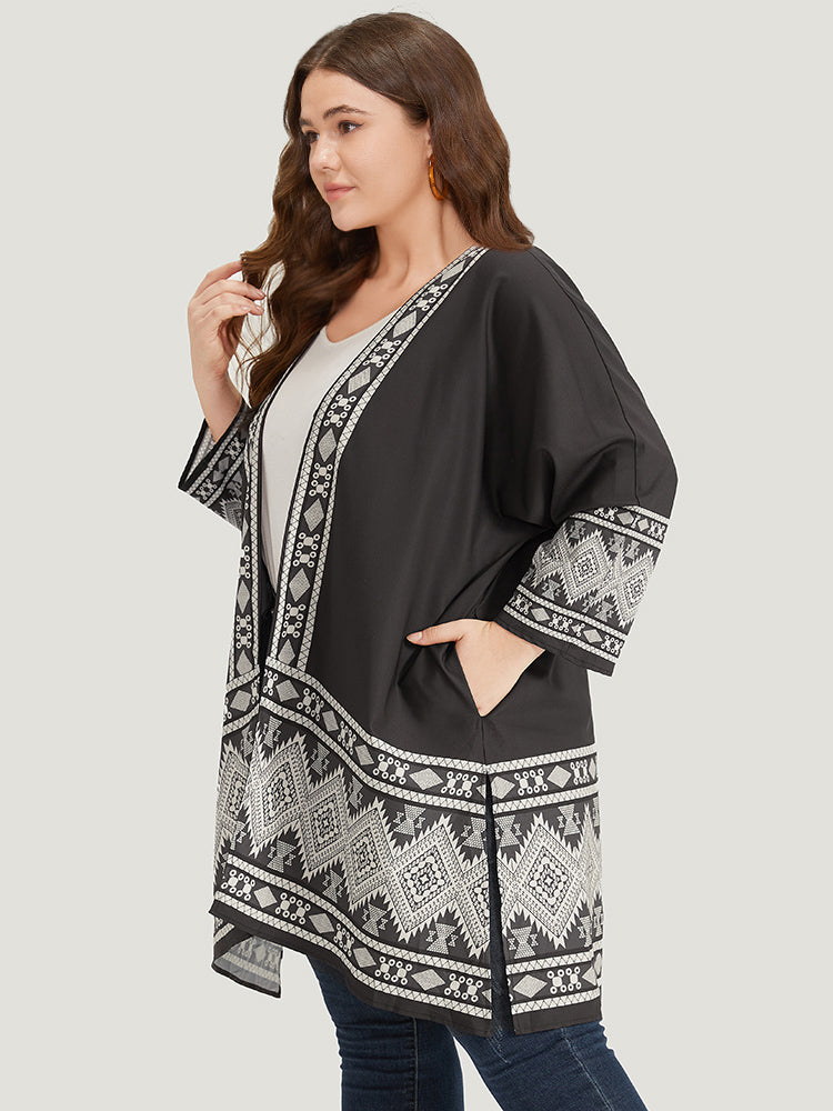 Boho Print Open Front Pocket Split Hem Kimono