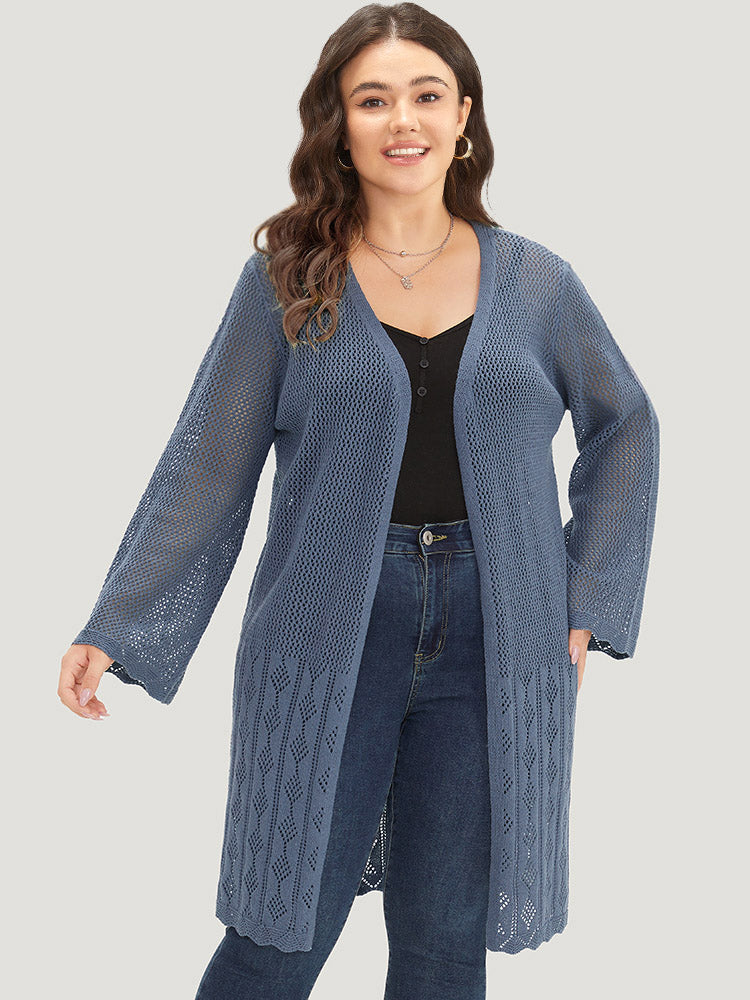 Solid Geometric Eyelet Open Front Cardigan