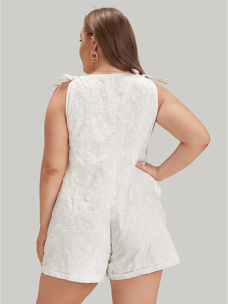 Solid Embroidered Knot Pocket Overall Romper