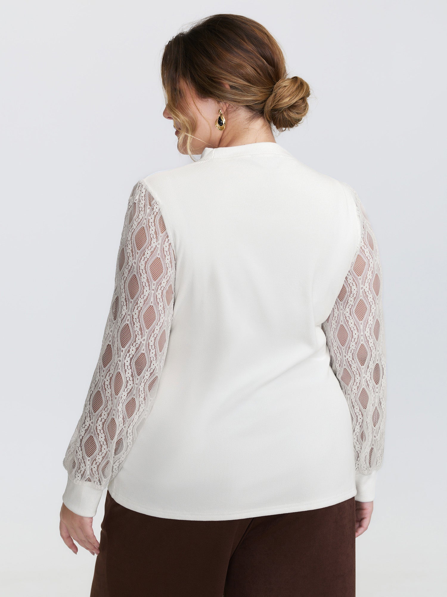 Sheer Lace Trim Mockneck Knit Top