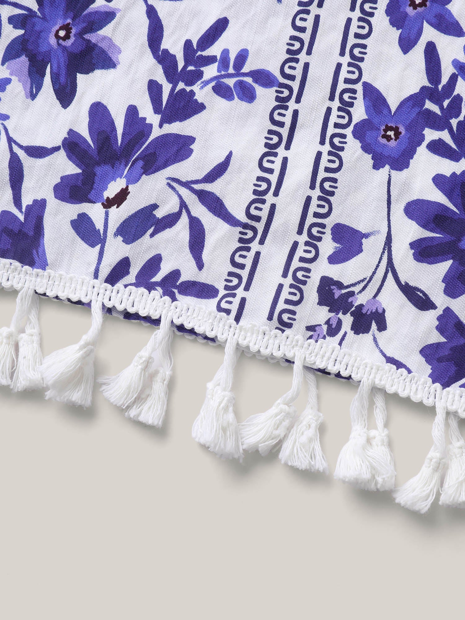 Floral Print Lace Tassels Slit Kimono