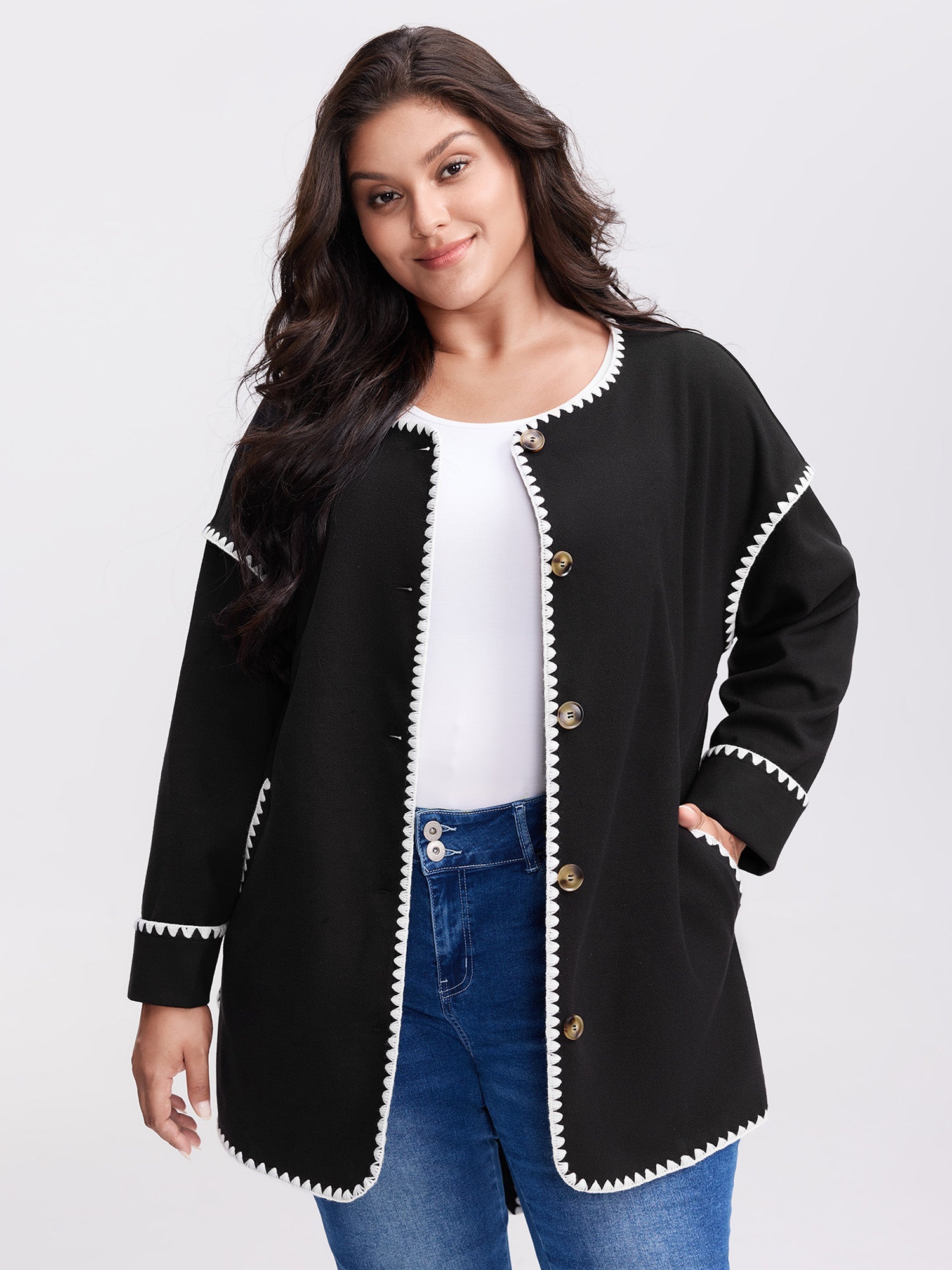 Overlock Stitch Color Contrast Belted Jacket