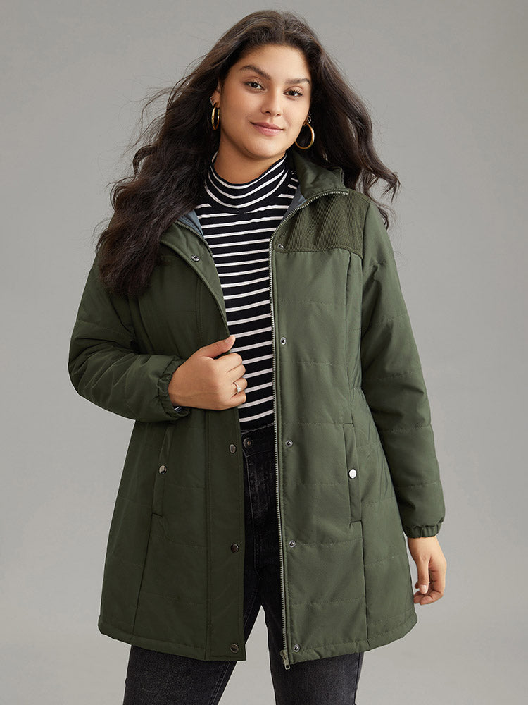 Plain Patchwork Corduroy Zipper Padded Hooded Jacket