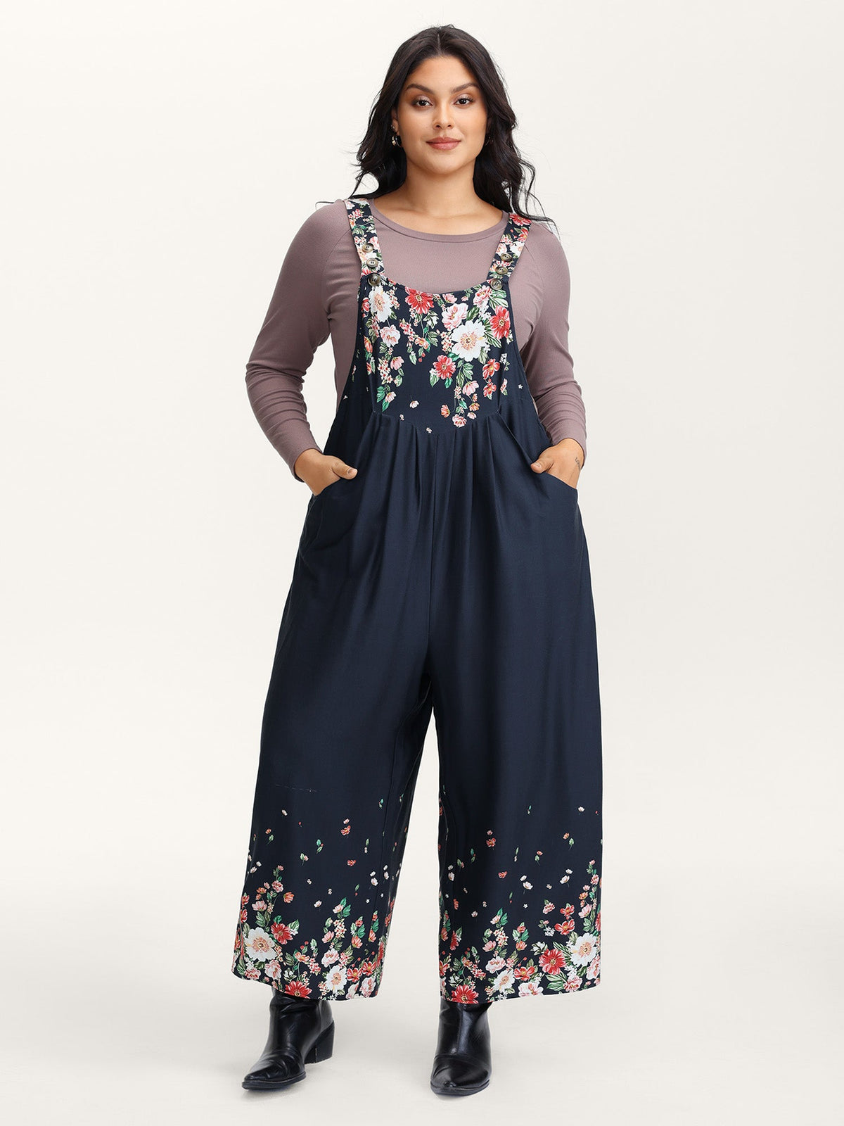 Floral Print Pockets Casual Jumpsuit
