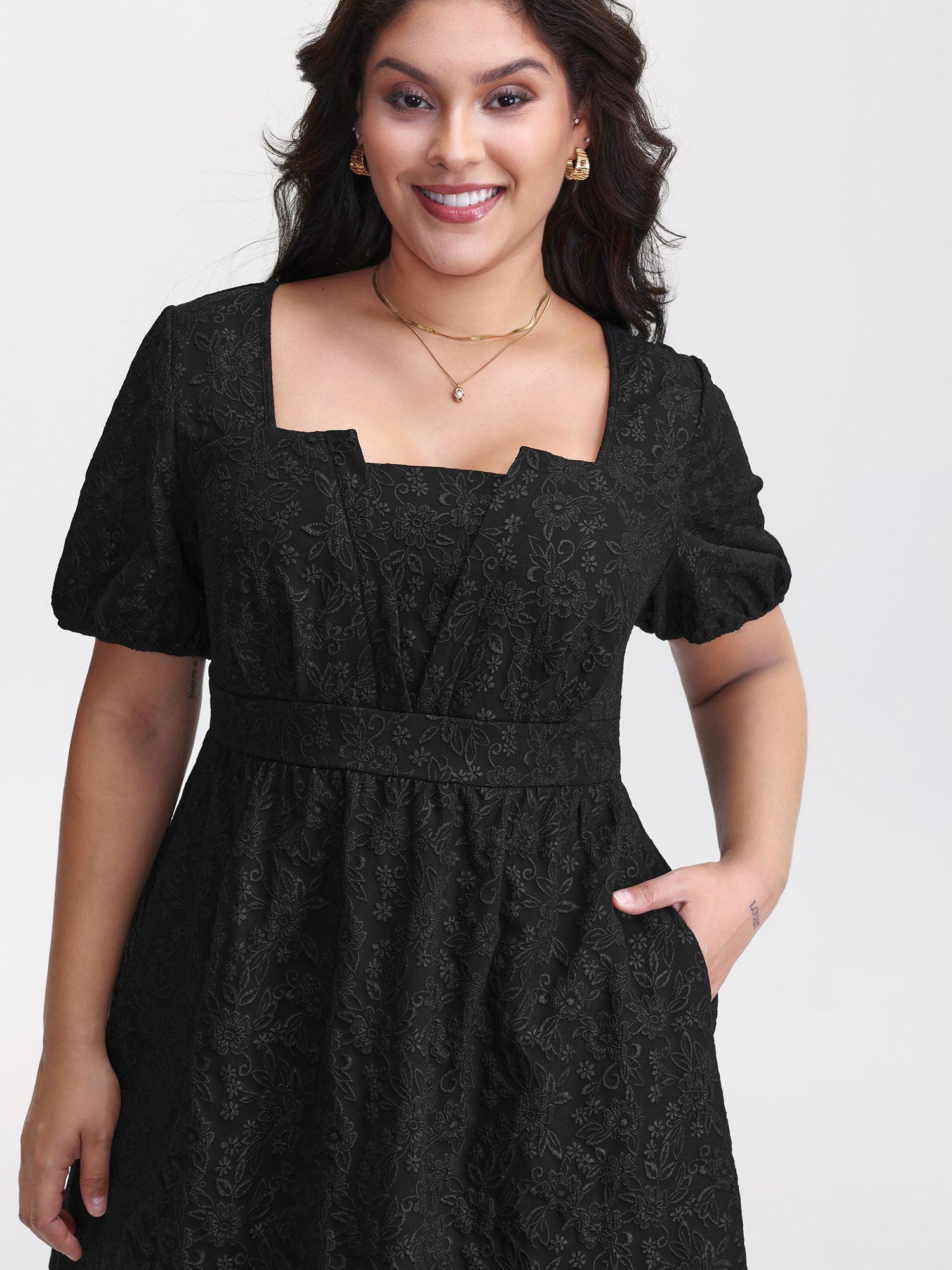 Solid Jacquard Puff Sleeve Midi Dress