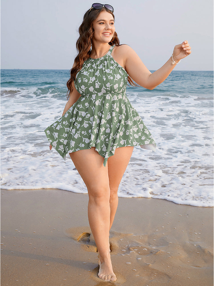 Floral Cut Out Cathered Hanky Hem Tankini Top
