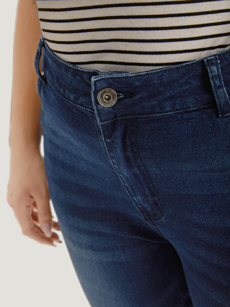 Solid Frayed Roll Hem High Rise Jeans