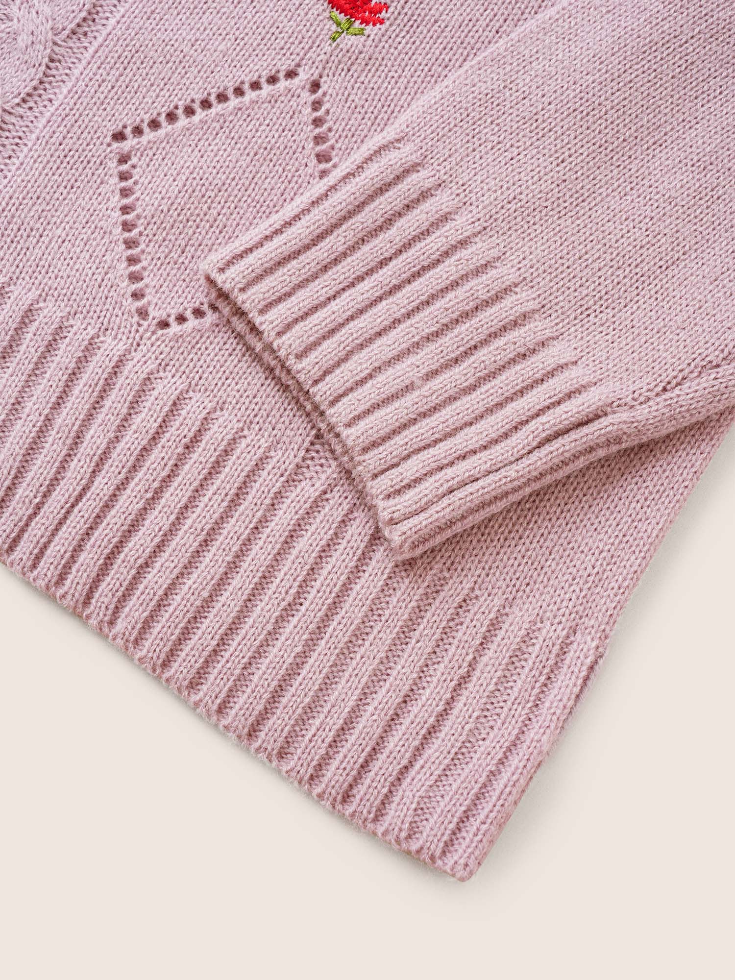 Floral Embroidered Geometric Hollow Out Cable Knit Pullover