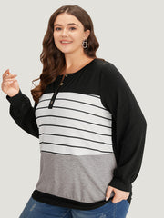 Striped Contrast Button Up Elastic cuffs Sweatshirt