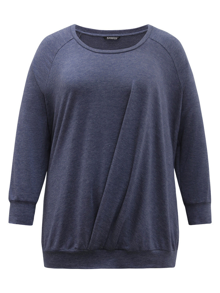 Solid Plicated Detail Raglan Sleeve Sweatshirt