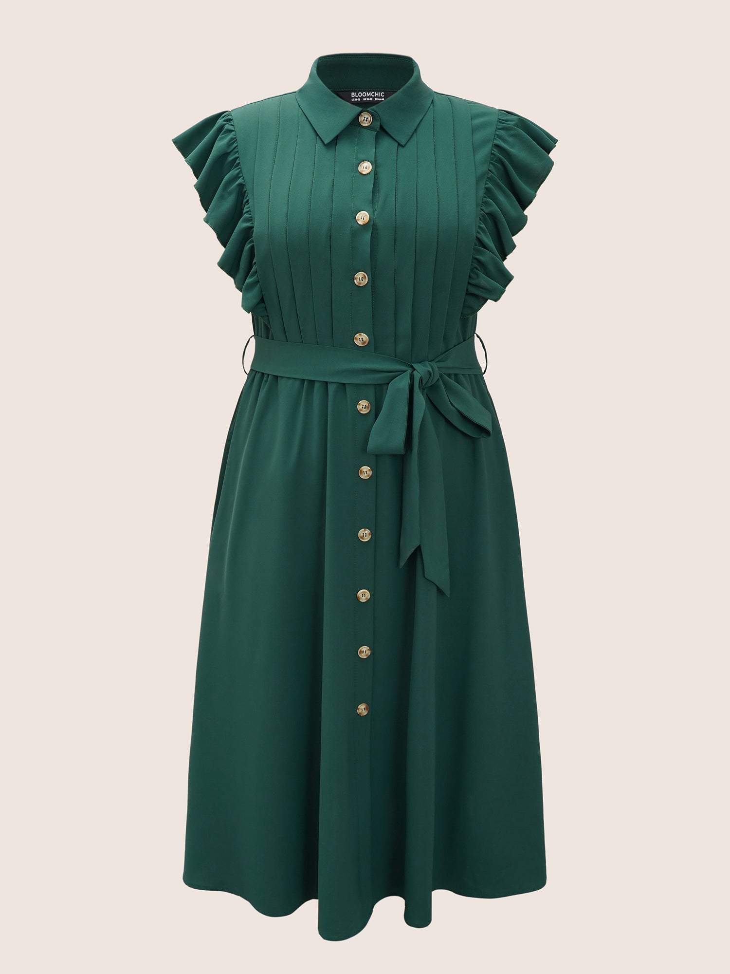 Shirt Collar Solid Pleated Ruffle Cap Sleeve Dress