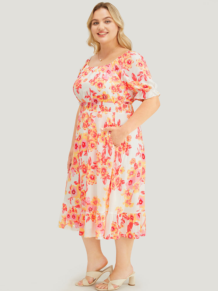 Floral Puff Sleeve Pocket Square Neck Shirred Dress