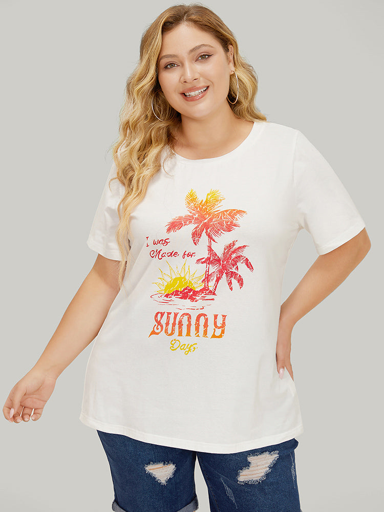 Coconut Tree & Letter Print Drop Shoulder T-shirt