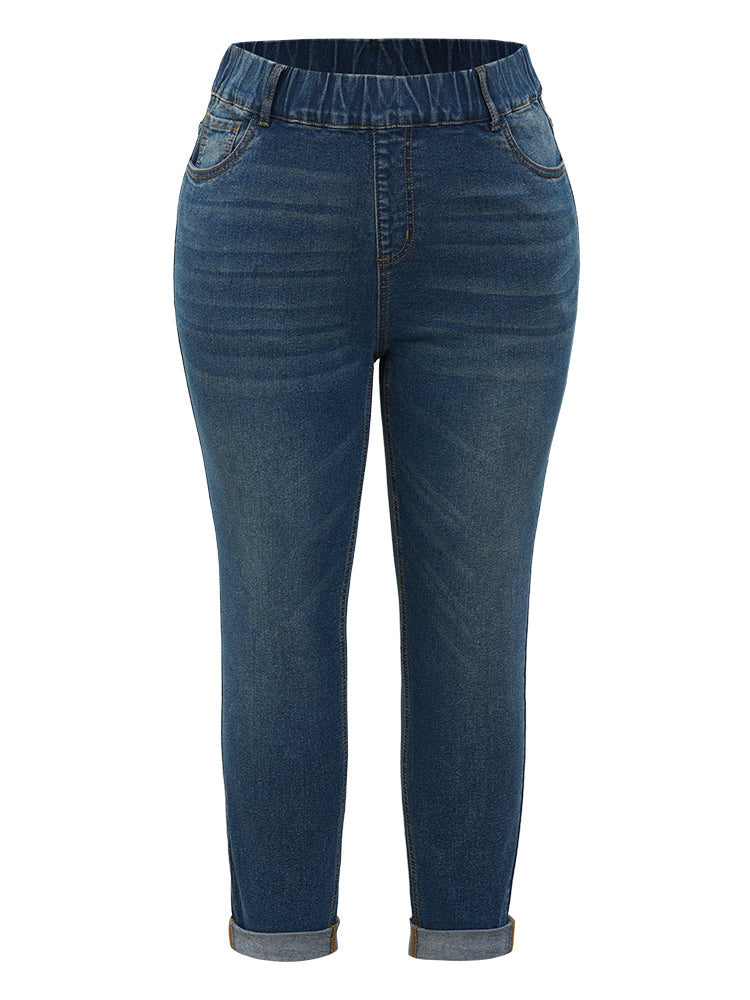 Plain Elastic Waist Medium Wash Roll Hem Jeans