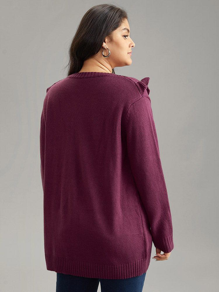 Solid Flutter Trim Plisse Loose Pullover