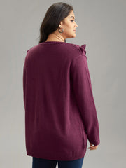 Solid Flutter Trim Plisse Loose Pullover