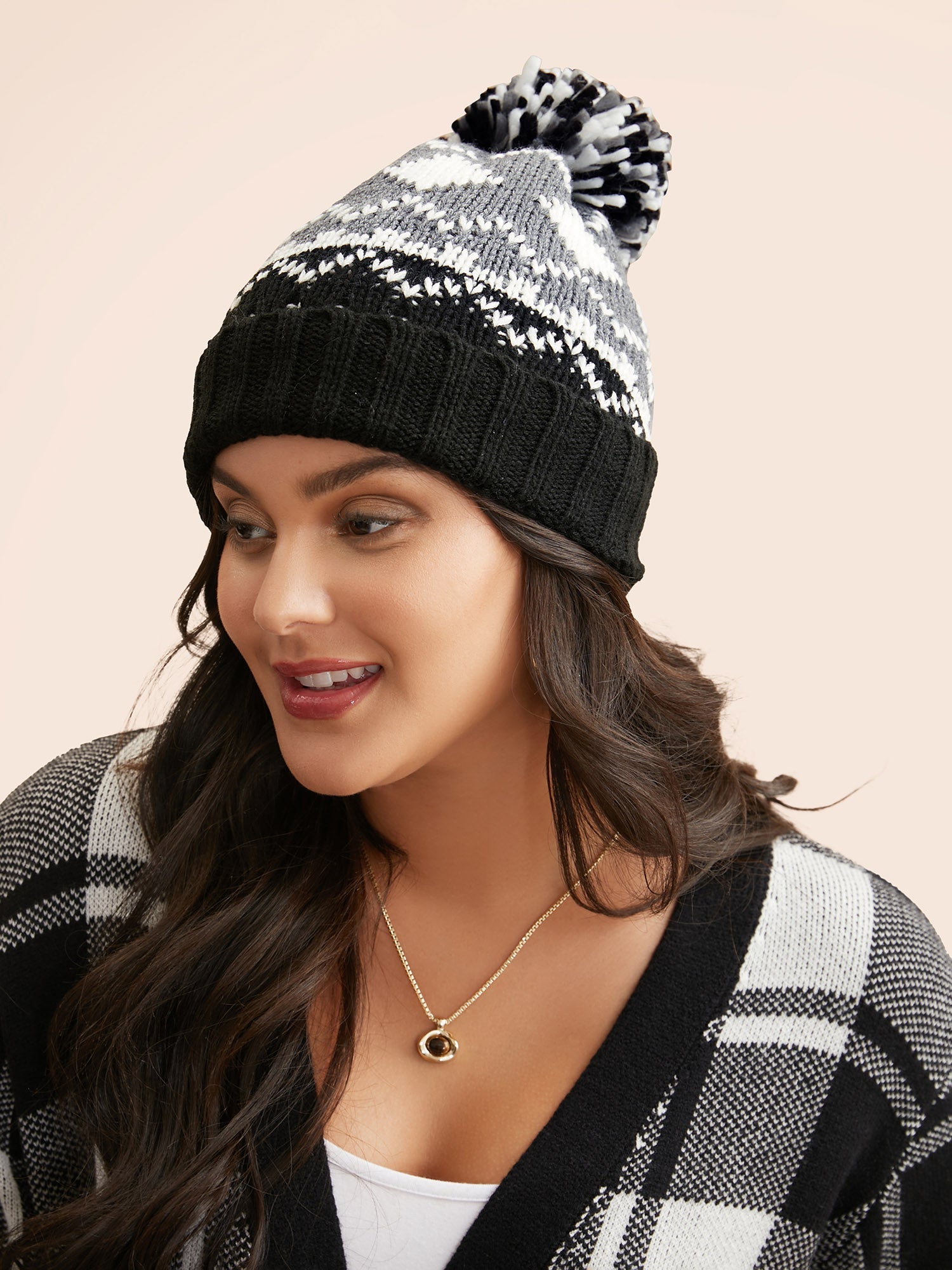 Geometric Jacquard Fluffy Ball Hat