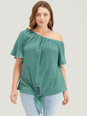 Solid Cut Out Knotted Hem Ruffle Sleeve One Shoulder Blouse