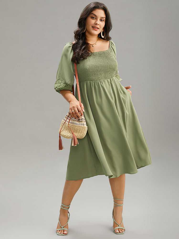 Solid Shirred Square Neck Guipure Lace Dress