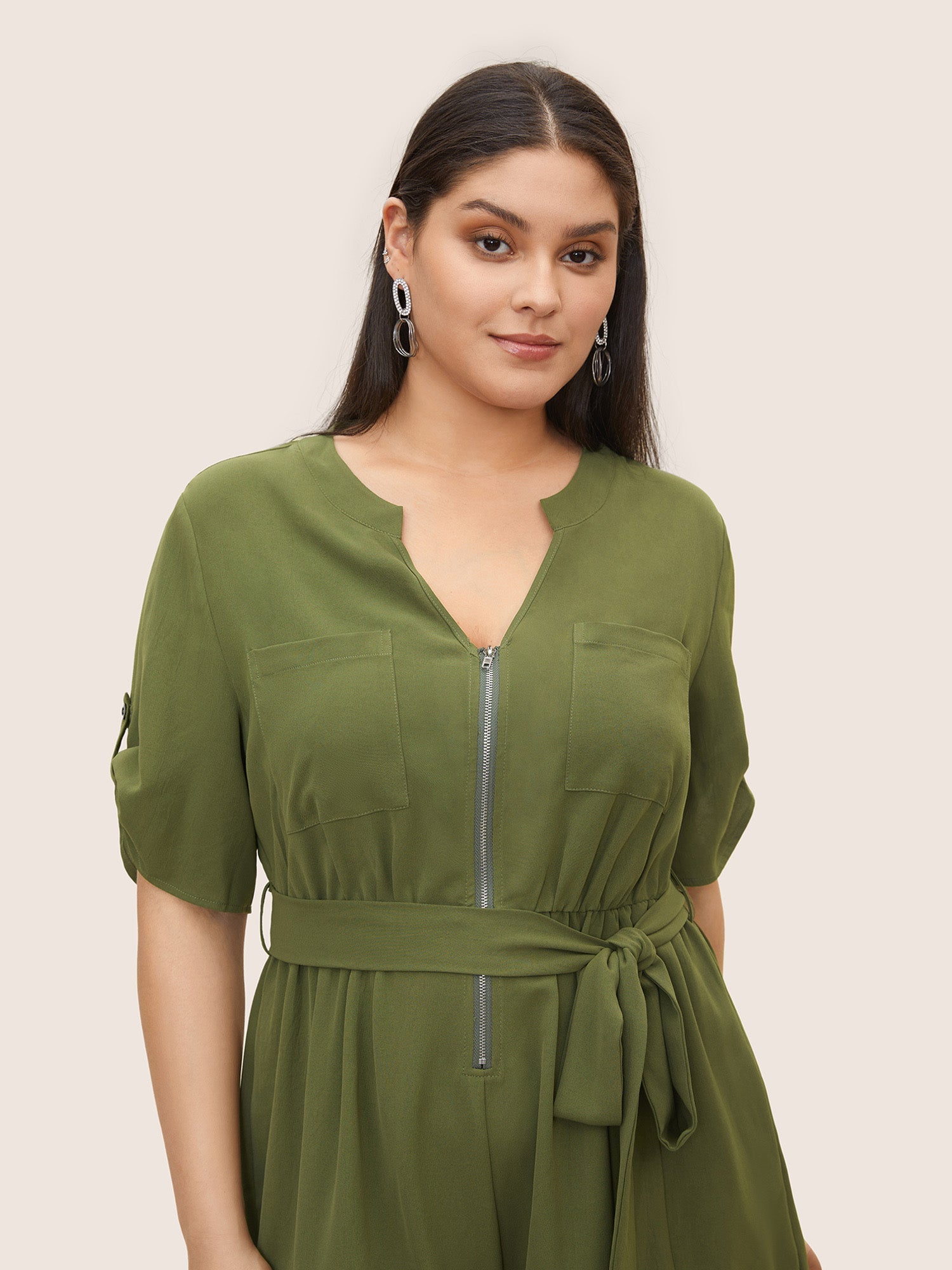 Solid Half Zip Belted Tab Sleeve Jumpsuit