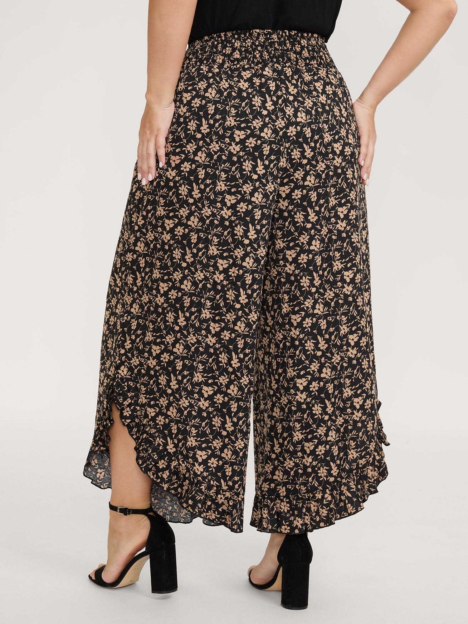 Floral Print Ruffled Asymmetrical Hem Pants