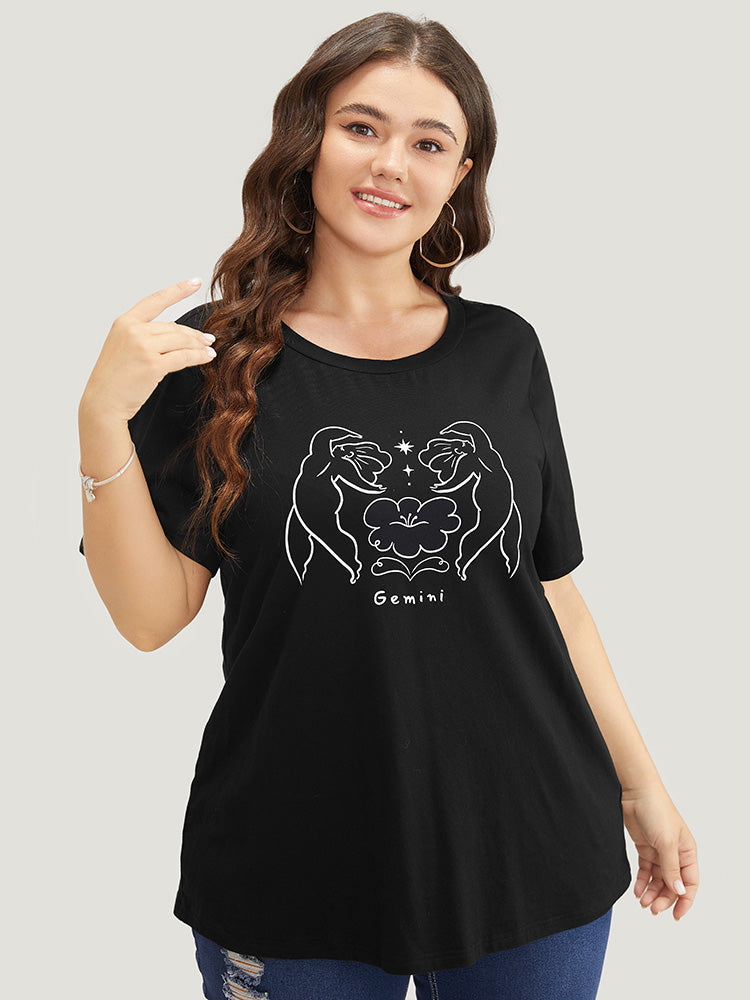 Figure & Letter Print Slightly Stretchy Zodiac T-shirt