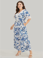 Floral Belted Pocket Lace Trim Wrap Jumpsuit